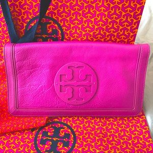 Tory Burch hot pink clutch EUC